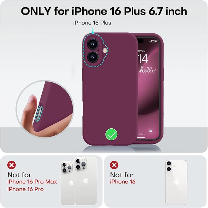 Vooii Compatible with iPhone 16 Plus Case, Liquid Silicone Upgrade [Camera Protection] [Soft Anti-Scratch Microfiber Lining] Shockproof Phone Case for iPhone 16 Plus 6.7 inch - WineRed
