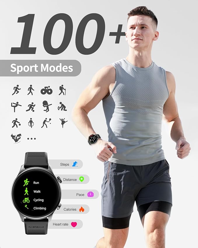 RIVERSONG Smart Watch for Men Women (Answer/Make Call) Compatible with iPhone/Android Phones, 1.52" Fitness Tracker with Heart Rate, Sleep and Blood Oxygen Monitor, 100+ Sport Modes, Pedometer, Black