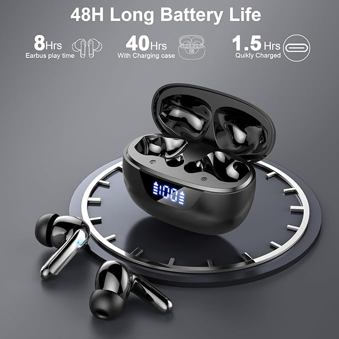 Wireless Earbuds, Bluetooth 5.4 Headphones, ENC Noise Cancelling Mic Ear buds with Stereo Bass, 48H Playtime Earphones , LED Display, IP7 Waterproof In Ear EarBuds for Phone Android iOS Sports, Black