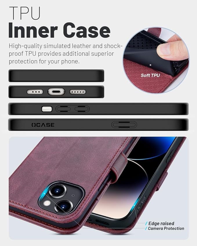 OCASE Compatible with iPhone 15 Wallet Case, PU Leather Flip Folio Case with Card Holders RFID Blocking Kickstand [Shockproof TPU Inner Shell] Phone Cover 6.1 Inch 2023, Mulberry