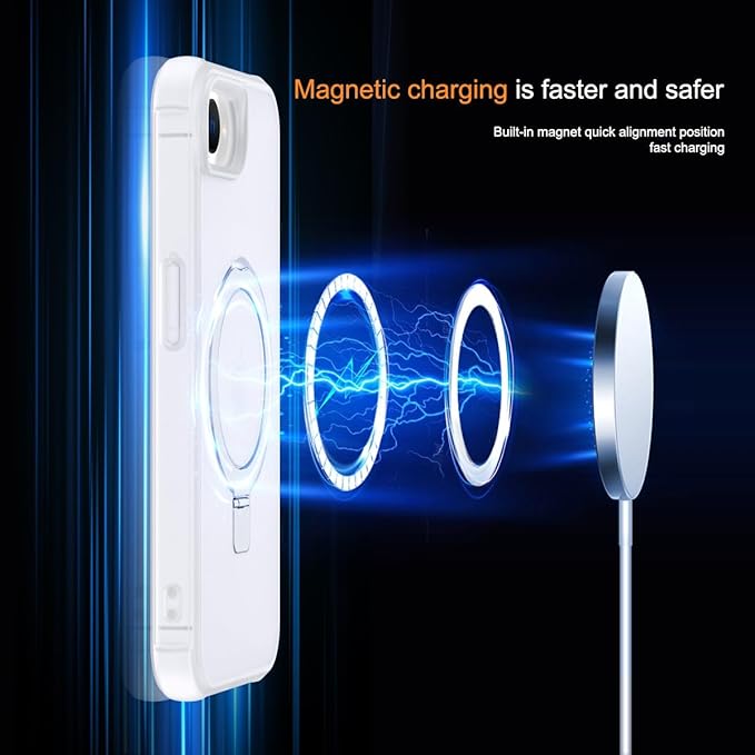 Magnetic Compatible with iPhone 16E Case 2025 with Stand [Military Grade Drop Tested][Compatible with Magnet] Ring Translucent Slim Hard Back Soft Edge, Frost White