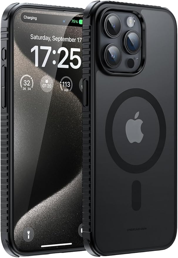 UNBREAKcable Magnetic Case for iPhone 15 Pro, [Compatible with MagSafe] [Non-Slip Grip] [Anti-Fingerprint] Translucent Matte Back & Soft TPU Bumper with Airbag Corners for iPhone 15 Pro 6.1" – Black