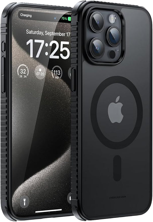 UNBREAKcable Magnetic Case for iPhone 15 Pro, [Compatible with MagSafe] [Non-Slip Grip] [Anti-Fingerprint] Translucent Matte Back & Soft TPU Bumper with Airbag Corners for iPhone 15 Pro 6.1" – Black