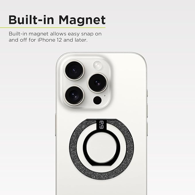 PureGear Magnetic Phone Grip Ring Stand, Magnetic Phone Ring Holder for MagSafe iPhone 16, 16Pro, 16Plus, 16ProMax, 15, 15Plus, 14, 14ProMax, 13, 12, Adjustable Kickstand(Brushed Black Glitter)