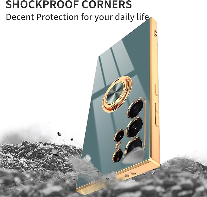 Dinick Gray for Samsung Galaxy S24 Ultra Case with Ring Holder Kickstand [with Magnetic] Soft TPU Bumper, Glitter Gold Electroplated Cover Slim Thin Protective Phone Case for Galaxy S24 Ultra