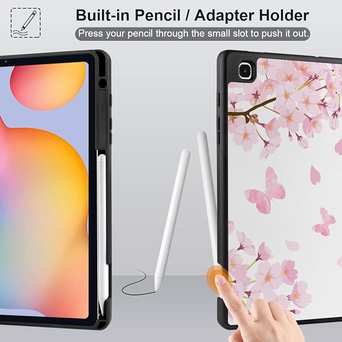 DONGKE Case for Samsung Galaxy Tab S6 Lite 10.4 Inch 2024/2022/2020, Trifold Stand + S Pen Holder + Auto Wake/Sleep + Soft TPU Protective Stand Back Cover, Flower Blossoms