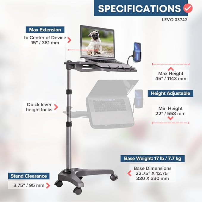 LEVO G2 V16 Mobile Laptop Stand Desk Rolling Cart with Phone Holder and Mouse Tray