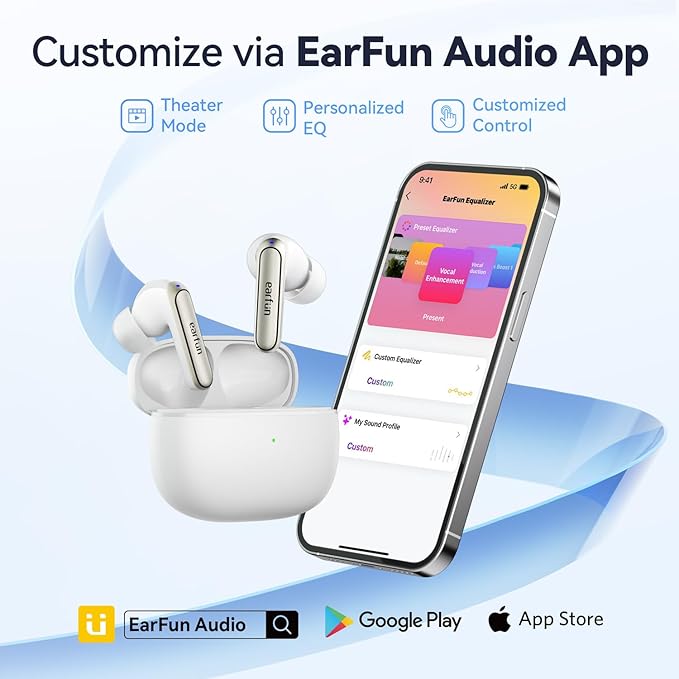 EarFun Air 2 NC Wireless Earbuds, Adaptive Hybrid Noise Cancelling Earbuds, 6 Mics AI ENC Call, Hi-Res Sound, 40H Playtime, Bluetooth 5.3, LDAC, Multipoint Connection, Wireless Charge, White