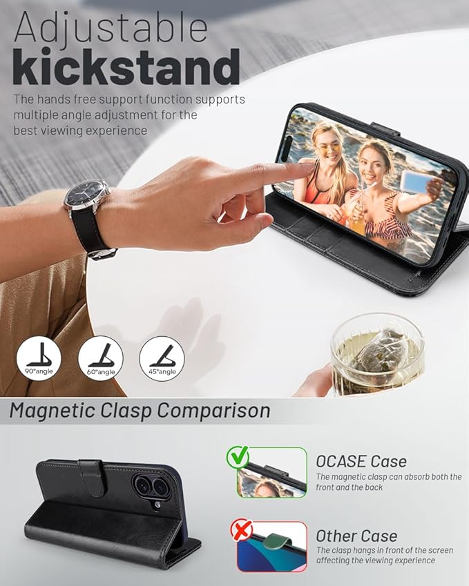 OCASE Compatible with iPhone 16 Wallet Case, PU Leather Flip Folio Case with Card Holders RFID Blocking Kickstand [Shockproof TPU Inner Shell] Phone Cover 6.1 Inch 2024, Black