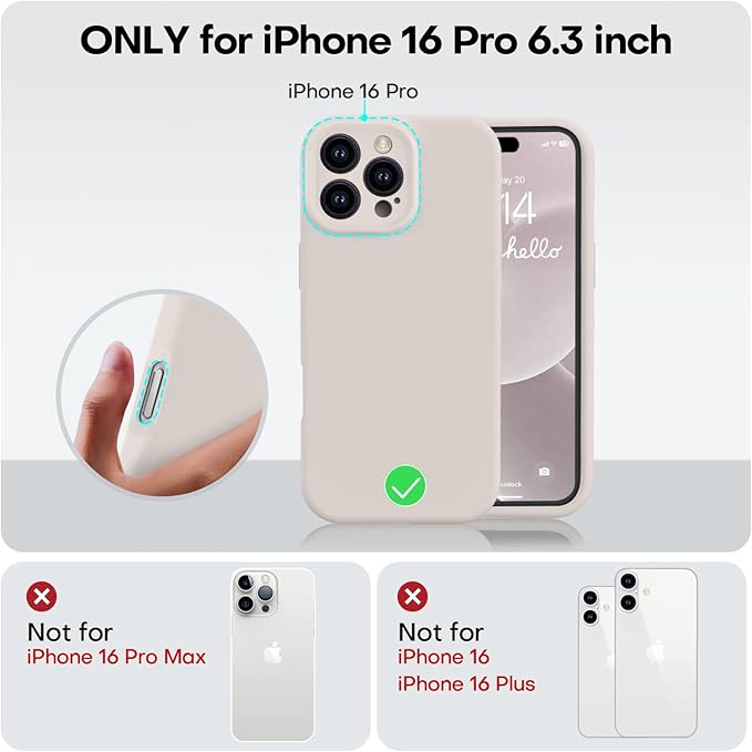 Vooii Compatible with iPhone 16 Pro Case, Liquid Silicone Upgrade [Camera Protection] [Soft Anti-Scratch Microfiber Lining] Shockproof Phone Case for iPhone 16 Pro 6.3 inch - Stone