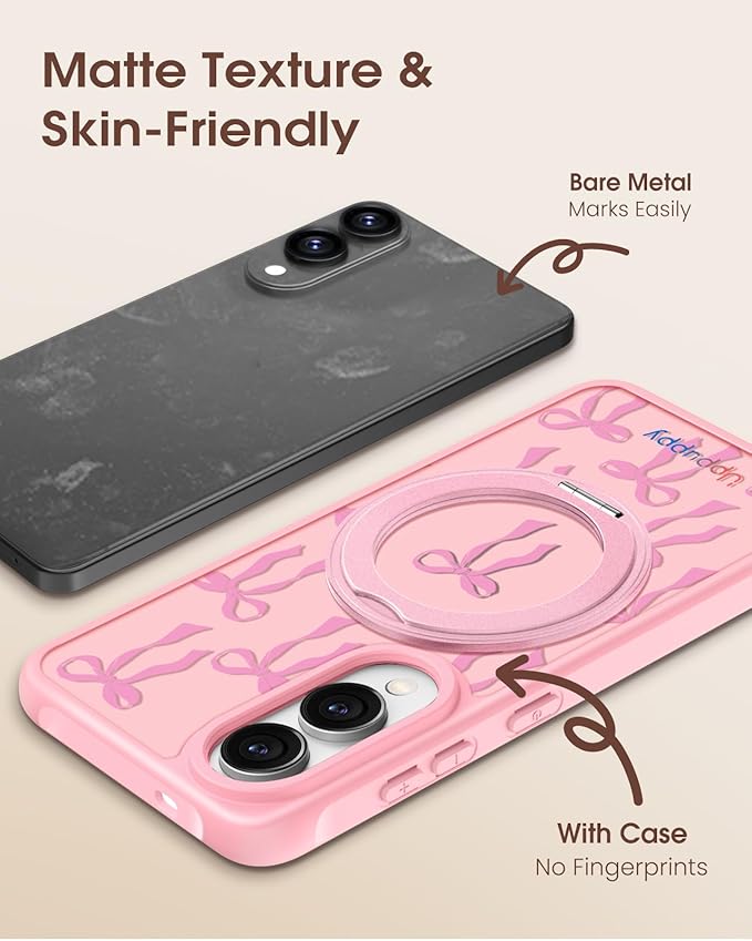 for Samsung Galaxy S25 Edge Case with 360° Rotatable Magnetic Ring - Compatible with MagSafe, Semi-Transparent Soft-Touch Material Shockproof, Cute Pink Ribbon Bow Design for Women Girl
