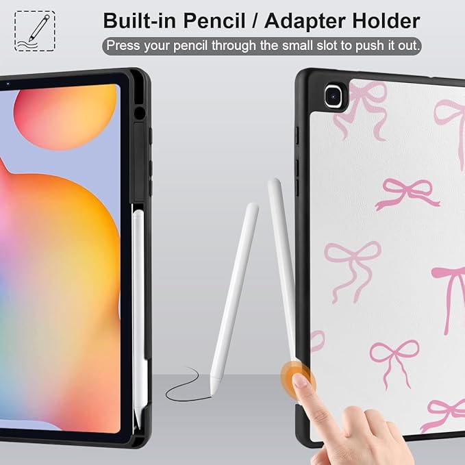 DONGKE Case for Samsung Galaxy Tab S6 Lite 10.4 Inch 2024/2022/2020, Trifold Stand + S Pen Holder + Auto Wake/Sleep + Soft TPU Protective Stand Back Cover, Pink Bows