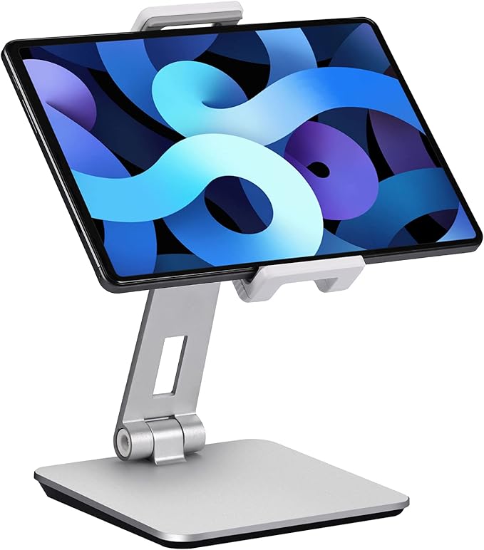 Tablet Stand Adjustable & Foldable, 360° Swivel Heavy Aluminum Tablet Holder for Desk, Compatible with iPad Pro/Air/Mini, Galaxy Tab, Surface Pro, Kindle Fire (7-13") (Silver)