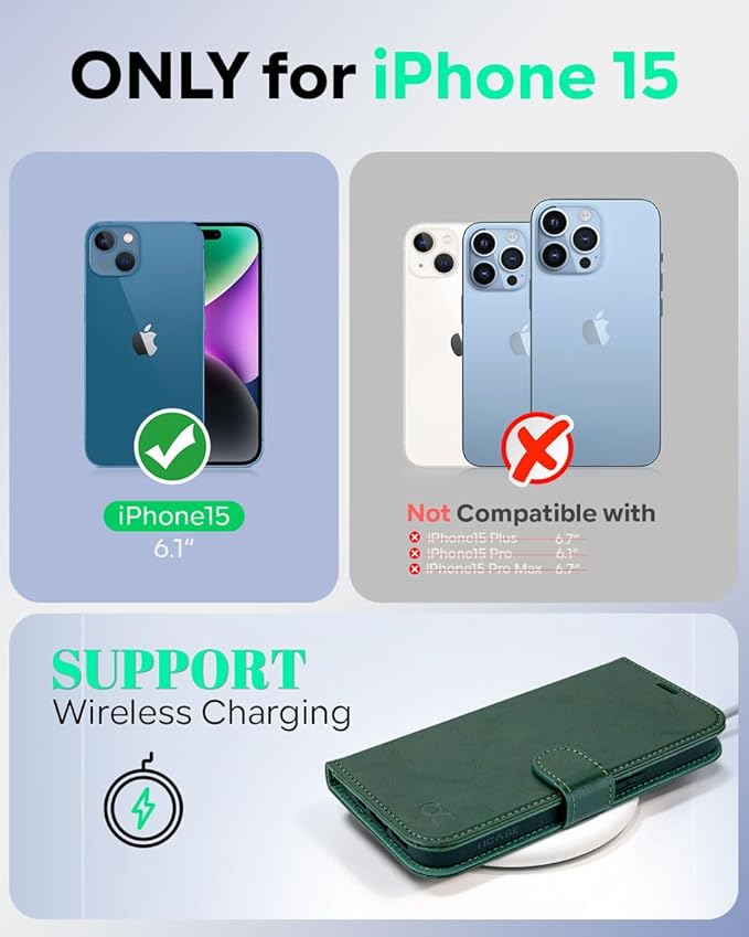 OCASE Compatible with iPhone 15 Wallet Case, PU Leather Flip Folio Case with Card Holders RFID Blocking Kickstand [Shockproof TPU Inner Shell] Phone Cover 6.1 Inch 2023, Blackish Green