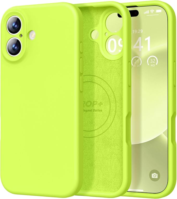 Vooii Magnetic Compatible with iPhone 17 Case (Compatible with Magsafe) (Upgraded Camera Protection) Liquid Silicone Shockproof Full Body Protective Phone Cover for Women Men, Fluorescent Green, 6.3"
