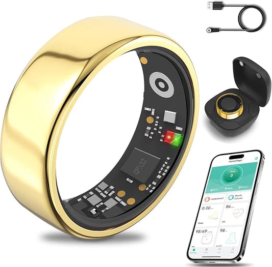 Smart Ring for Women Men with a Black Charging Box,Bluetooth Connection,Health Ring,IP68 Waterproof, Fitness Ring Tracks Heart Rate/Sleep/Steps/Sports Activities/Blood Oxygen(Gold 11)