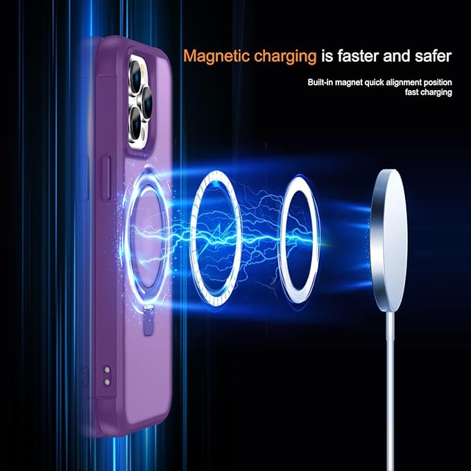 Magnetic Compatible with iPhone 15 Pro Case with Stand [Military Grade Drop Tested][Compatible with Magnet] Ring Translucent Slim Hard Back Soft Edge, Purple