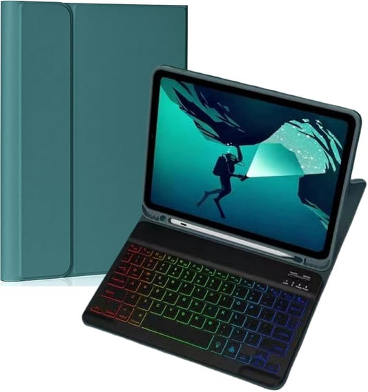 Keyboard Case for Galaxy Tab A8 10.5 Inch 2022, Slim Lightweight 7 Color Rainbow Backlight Detachable Magnetic Keyboard Cover with S Pen Holder,Teal