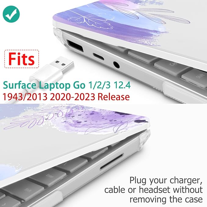 Tuiklol Case for 12.4 Inch Microsoft Surface Laptop Go 3/2 / 1 2023-2020 Releases, Plastic Hard Shell Case with Screen Protector and Keyborad Cover +Dust Plugs Model 2013/1943,Inset Flora