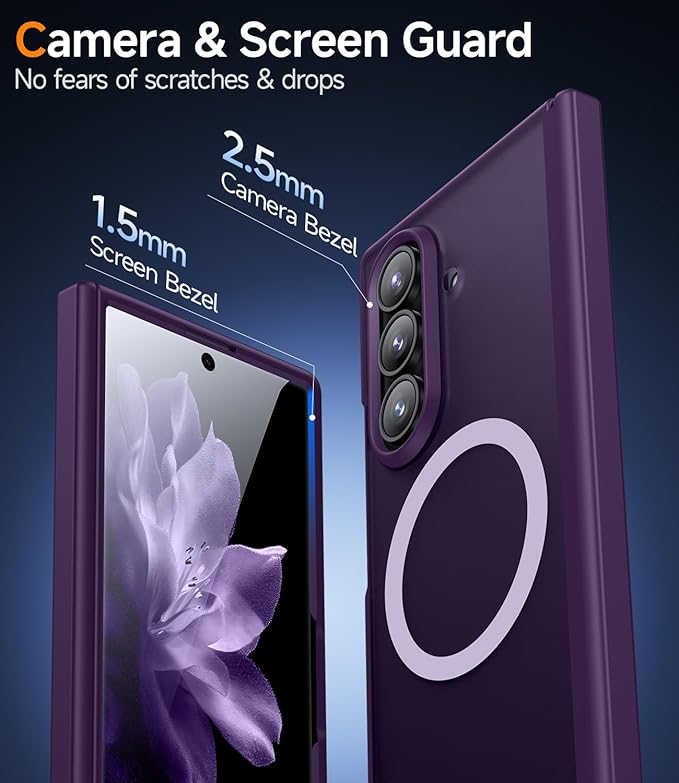 Slim for Samsung Galaxy-Z-Fold-7 Case: Compatible with Magsafe | Built-in Screen Protector [Anti-Scratch] Hinge Guard | Women Men Shockproof Translucent Matte Phone Cover for Z Fold7 5G 2025(Purple)