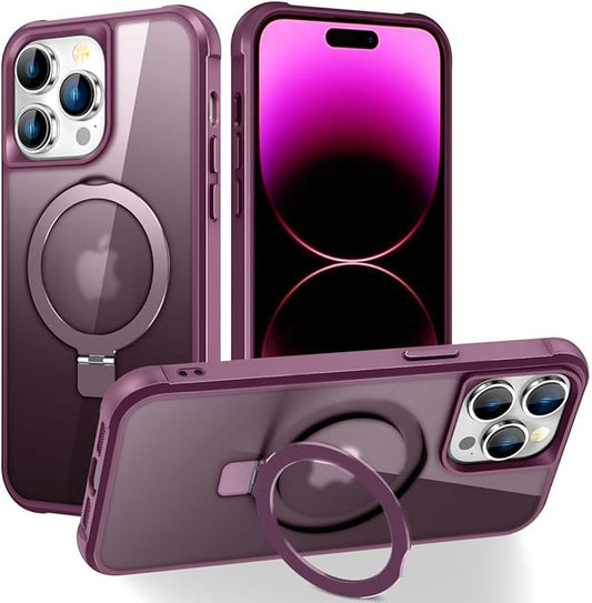 Magnetic Compatible with iPhone 14 Pro Case with Stand [Military Grade Drop Tested][Compatible with Magnet] Ring Translucent Slim Hard Back Soft Edge, Wine Red