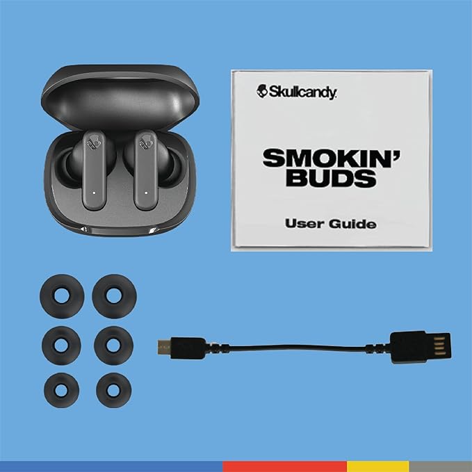 Skullcandy Smokin’ Buds Wireless Earbuds, Bluetooth Headphones, Noise Isolating Fit, Up to 20 Hours Battery, IPX4 Sweat and Water Resistant, Microphone for iPhone Android - Midnight Smoke
