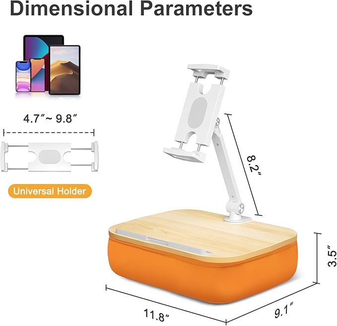 Lap Beanbag Cozy Kindle Pillow Stand for Bed with Adjustable Arm, 360° Tablet Holder, Fits 4.7"-13" Kindle, iPad, Phone, Lap Desk for Hands Free Reading in Bed, Couch, Sofa,Orange