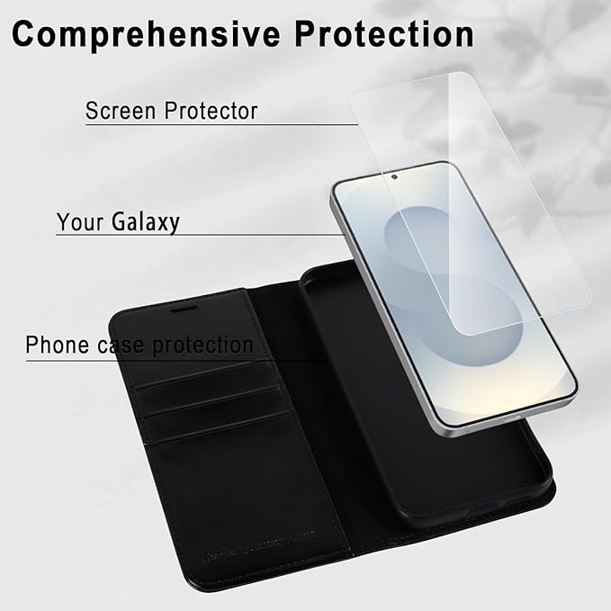 MONASAY Wallet Case Fit for Samsung Galaxy S25 5G, [Lens & Glass Screen Protector Included] [RFID Blocking] Flip Folio Leather Cell Phone Cover with Credit Card Holder, 6.2 inch, Black
