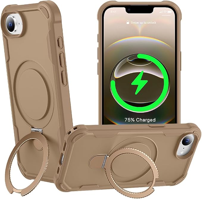 Designed for iPhone 16E Case with Magnetic Stand [Military Drop Protection][Compatible with Magnet] Shockproof 16E Phone Case with Ring Holder, Khaki