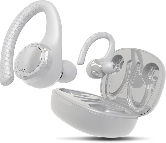 Coby True Wireless Bluetooth Earbuds, Interchangeable Ear Hooks and Tips, Multi-Sized Ear Gels, Sweat-Resistant Design, 14-Hour Play Time, Drop-Proof Case, White