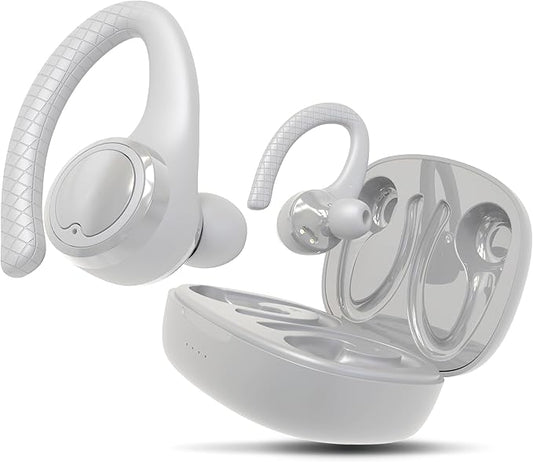 Coby True Wireless Bluetooth Earbuds, Interchangeable Ear Hooks and Tips, Multi-Sized Ear Gels, Sweat-Resistant Design, 14-Hour Play Time, Drop-Proof Case, White