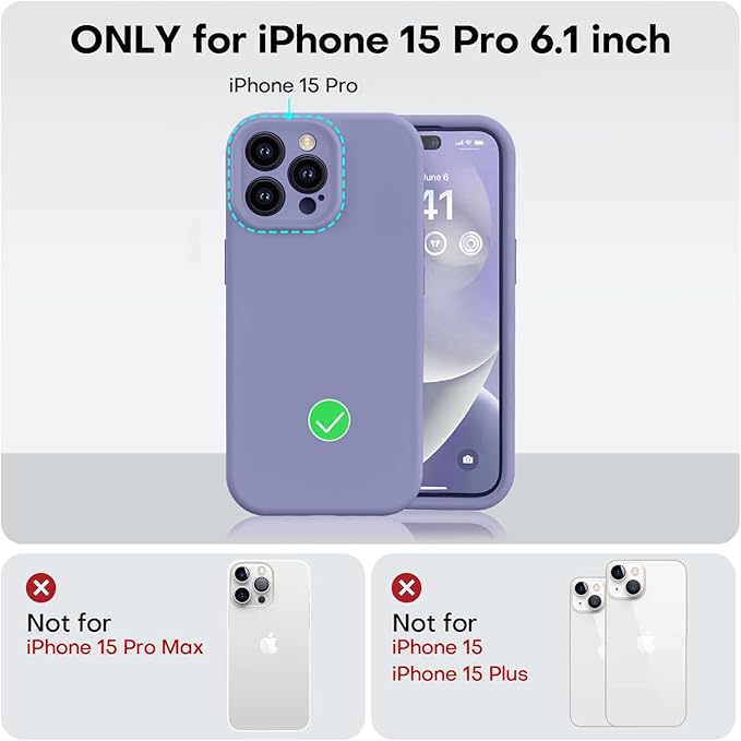 Vooii Compatible with iPhone 15 Pro Case, Upgrade Liquid Silicone, [Enhanced Camera Protection] [Soft Anti-Scratch Microfiber Lining] Shockproof Phone Case for iPhone 15 Pro 6.1 inch - Lavender Grey