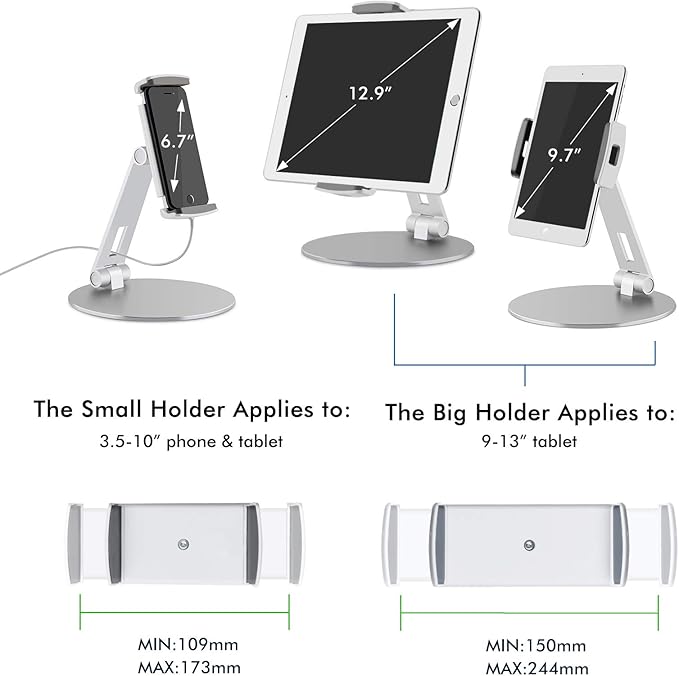 Viozon Tablet Stand and Holders with Adjustable Range and Height Aluminum Stand Compatible with iPad/iPad pro/ipad Mini/Cellphone/Kindle Desk Holder fits 3.5-13inches, 360° Swivel Adjustable Base