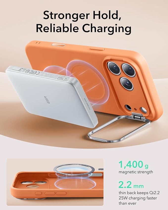 ESR Silicone Case for iPhone 17 Pro, Built-in Camera Stash Stand Compatible with MagSafe, Military-Grade Drop Protection Magnetic Phone Case for iPhone 17 Pro, Cloud Series, Orange