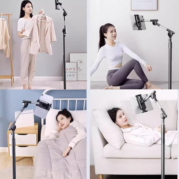 Tablet Floor Stand Holder, 360 Degree Rotating with Height Adjustable Stand Compatible with 4.7"-13" Phone/Tablet, Kindle, 63" Phone Stand, Aluminum Alloy, for Bed,Sofa,Desk（White）