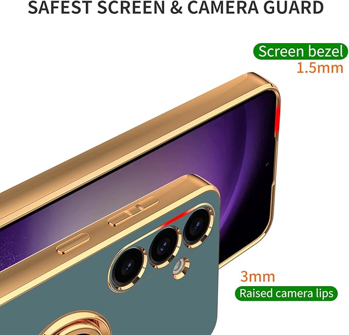 Dinick Gray for Samsung Galaxy S24 Case with Ring Holder Kickstand [with Magnetic] Soft TPU Bumper, Glitter Gold Electroplated Cover Slim Thin Protective Phone Case for Galaxy S24