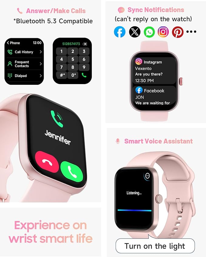 Smart Watch for Women, Answer/Make Calls, 1.91" HD Screen Fitness Watch with Alexa, 100 Sports, Heart Rate and Sleep Tracking, IP68 Waterproof, Smartwatch Compatible Android iOS, Light Pink
