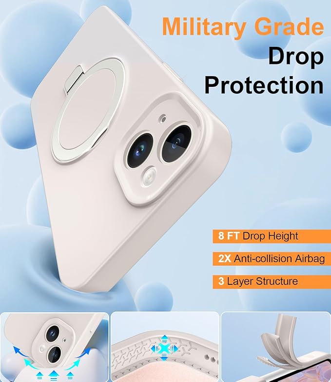 ZHK Liquid Silicone Designed for iPhone 14 Plus Case with Magnet Stand, [Precise Camera Lens Protection][Mil-Grade Drop Shockproof][Soft Anti-Scratch Microfiber Lining] Slim Fit Cover, Beige