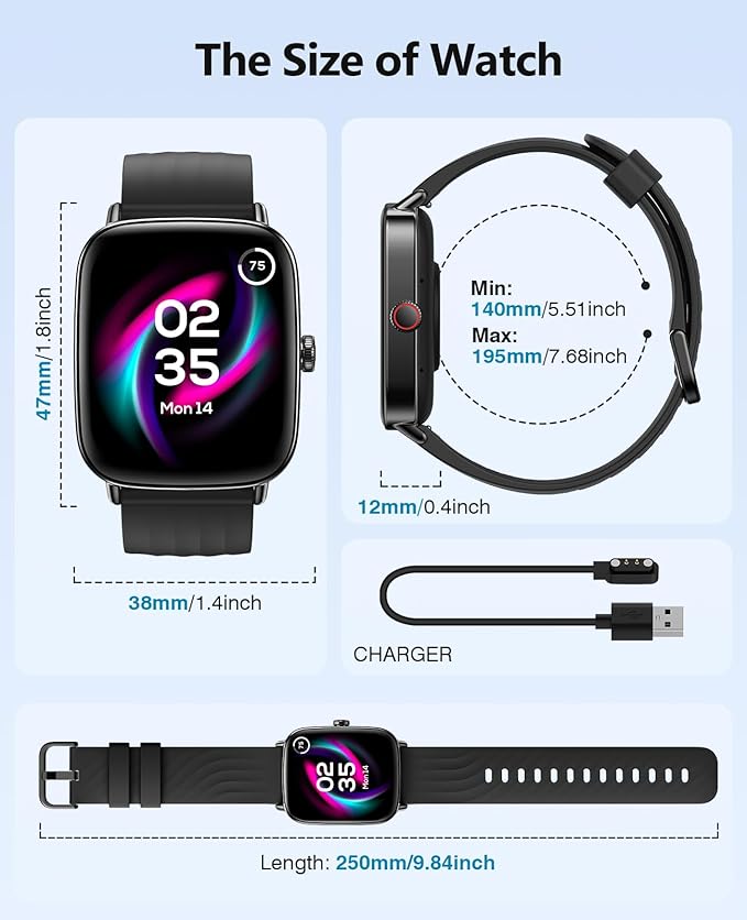 AI Voice-Controlled Smart Watches with 1.85" Screen - IP68 Waterproof, 24/7 Heart Rate Monitoring, Stress/Sleep/SpO2 Tracker, 100+ Sports Modes, Weather, Compatible with Android & iOS, Black