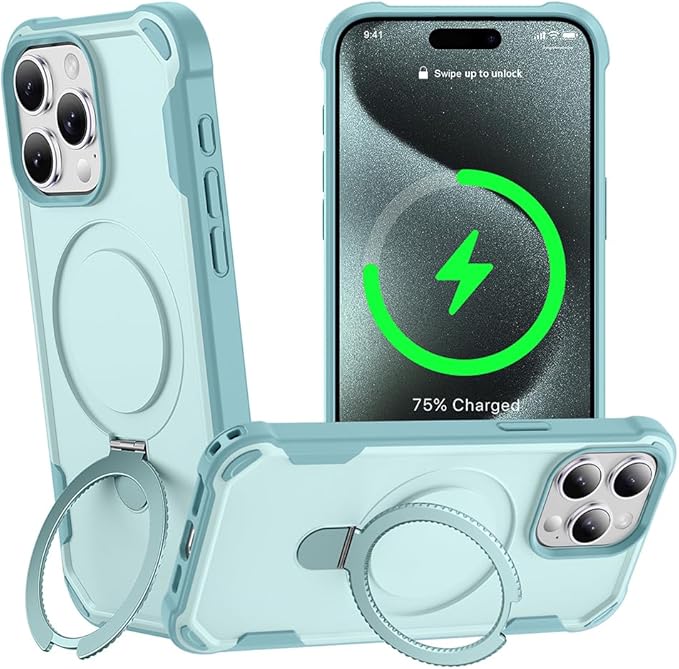 Designed for iPhone 15 Pro Case with Magnetic Stand [Military Drop Protection][Compatible with Magnet] Shockproof 15 Pro Phone Case with Ring Holder, Green