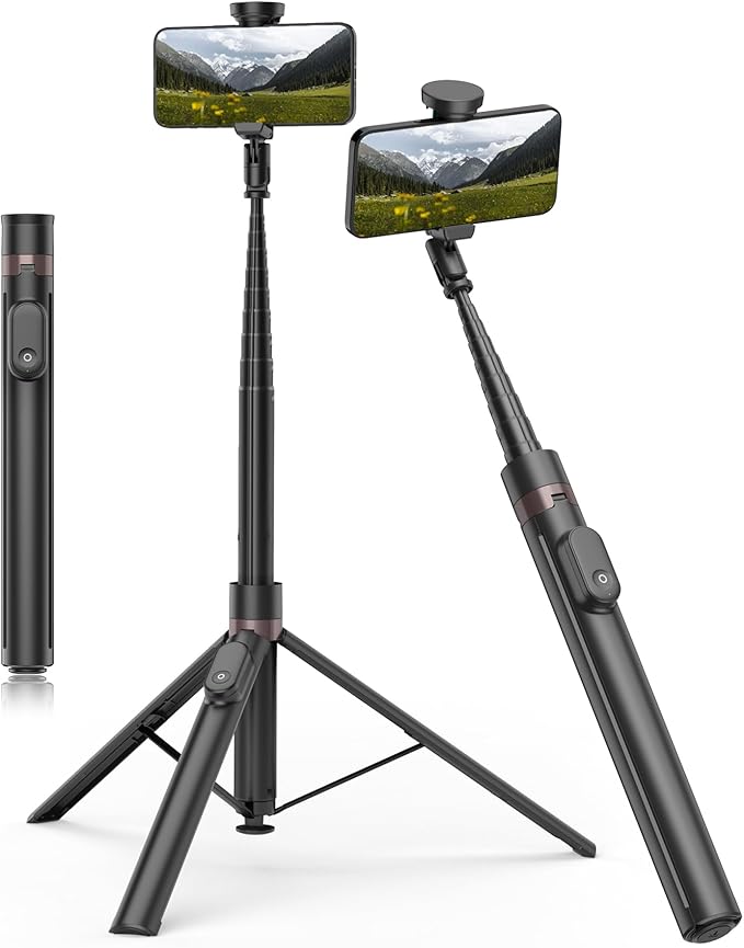 TONEOF 70" Automatic Phone Tripod with Magnetic Rechargable Remote,Selfie Stick 360° Vertical & Horizontal Rotatable,Stable for iPhone/Android(Black)