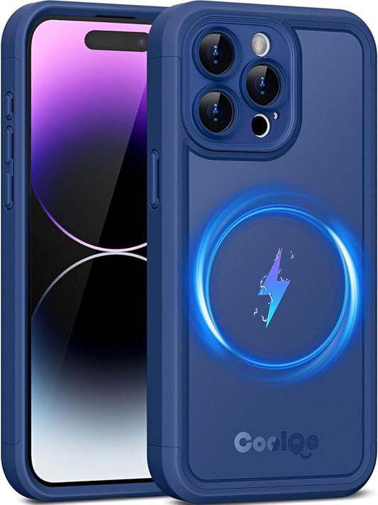 COOLQO Magnetic for iPhone 14 Pro Max Case, Compatible with MagSafe, Dual Layer Design Military Grade Protection, Translucent Matte Scratch-Resistant Back Protective Shockproof Phone Case, Blue