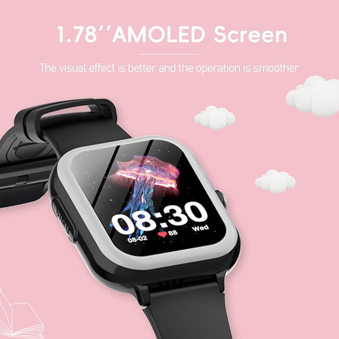 Wonlex 4G GPS Kids Smartwatch with SIM Card, 1.78" AMOLED Large Touch Screen Smart Watch for Kids, Boys Girls Phone Watch with Video Voice Calls, SOS, Camera, Pedometer, Alarm, Game(Black)