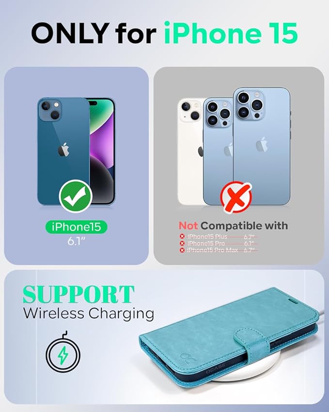 OCASE Compatible with iPhone 15 Wallet Case, PU Leather Flip Folio Case with Card Holders RFID Blocking Kickstand [Shockproof TPU Inner Shell] Phone Cover 6.1 Inch 2023, Mint Green