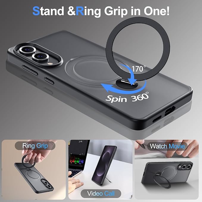 360° Rotatable Stand for Samsung Galaxy S25 Edge Case Magnetic with Screen Protector X1 & Camera Lens Protector*1, Compatible with MagSafe, 16FT Mil-Grade Shockproof for S25 Edge Case 6.2", Black