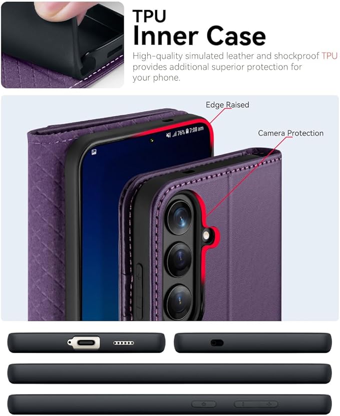 OCASE Compatible with Galaxy S25 Wallet Case, PU Leather Flip Folio Case with Card Holders RFID Blocking Kickstand [Shockproof TPU Inner Shell] Protective Phone Cover 6.2 Inch 2025, Dark Purple