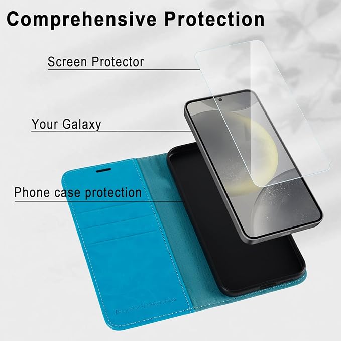 MONASAY Wallet Case Fit for Samsung Galaxy S24+ Plus 5G, [Lens & Glass Screen Protector Included] [RFID Blocking] Flip Folio Leather Cell Phone Cover with Credit Card Holder，6.7 inch, Light Blue