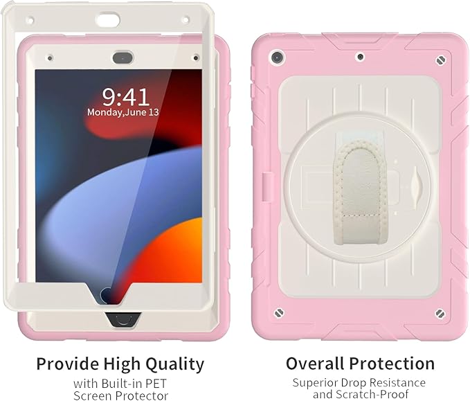 Case for iPad 9th/8th/7th Generation-Built-in Screen Protector,with Pencil Holder&360°Rotating Hand Strap,Shoulder Strap,Case for iPad 10.2 inch 2021-2019(Pink/Beige)