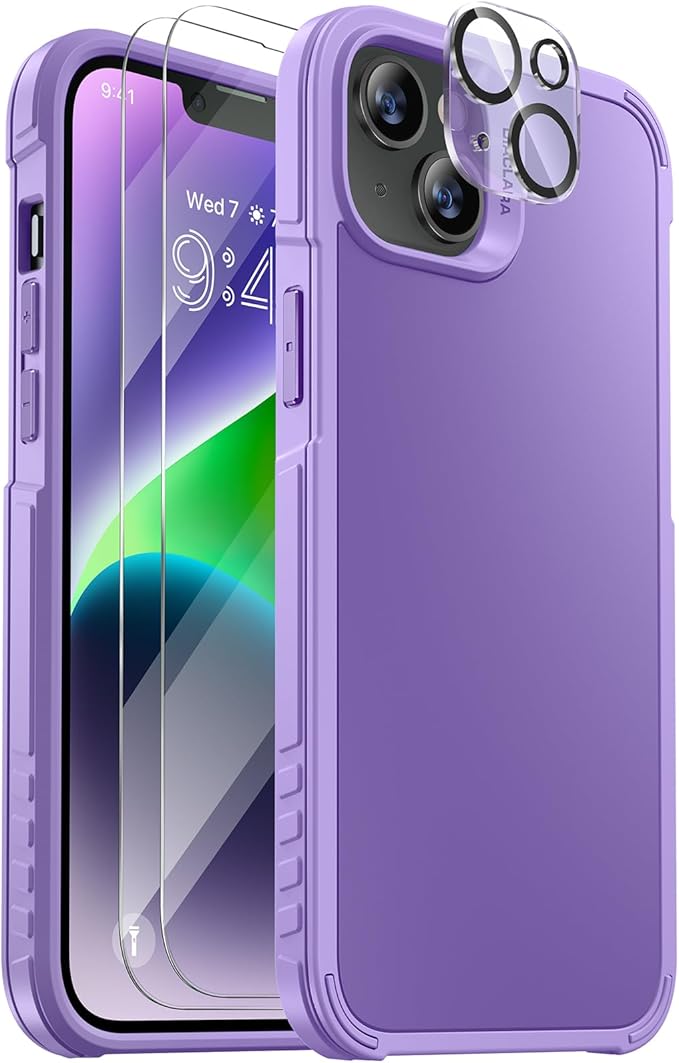 Diaclara [5 in 1 Shockproof Designed for iPhone 14 Case, with 2 Pack Tempered Glass Screen Protector + 2 Pack Camera Lens Protector, Protective Phone Case for iPhone 14 6.1 Inch(Pale Purple)