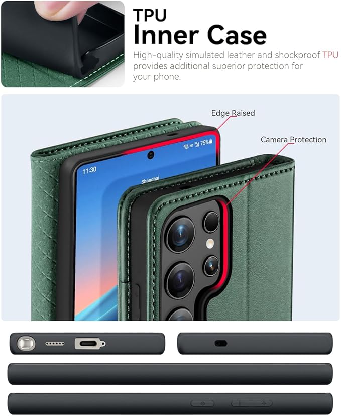 OCASE Compatible with Galaxy S25 Ultra Wallet Case, PU Leather Flip Folio Case with Card Holders RFID Blocking Kickstand [Shockproof TPU Inner Shell] Protective Phone Cover 2025, Blackish Green